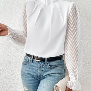 Casual Plain Mock Neck Long Sleeve T-shirt, T-shirts, color:White|size:XXL, catalog Noracora shop