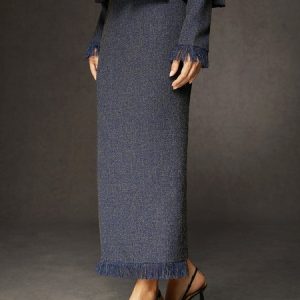 Plain Elegant High Waist Tweed Fringe Skirt, Skirts, color:As Picture|size:XXL, Stylewe
