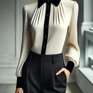 Urban Color Block Shirt Collar Gathered Shirt, Blouses and Shirts, color:White|size:XXL, Stylewe