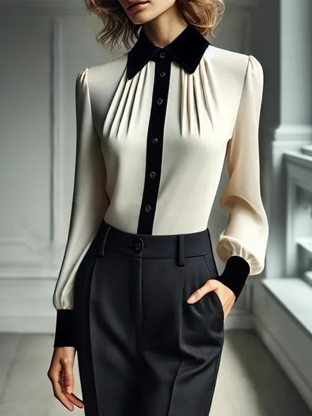 Urban Color Block Shirt Collar Gathered Shirt, Blouses and Shirts, color:White|size:XXL, Stylewe
