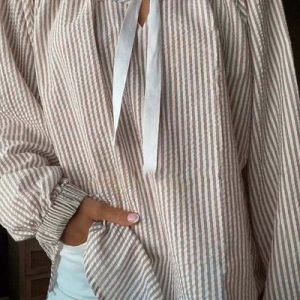 Crew Neck Long Sleeve Striped Regular Micro-Elasticity Loose Blouse For Women, Blouses, color:Khaki|size:3XL, catalog Noracora shop
