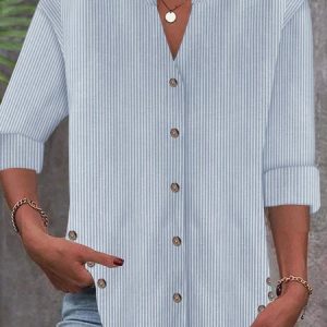 Notched Long Sleeve Striped Regular Loose Shirt For Women, Shirts, color:Blue|size:3XL, catalog Noracora shop