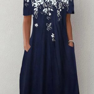Women's Weekend Daily Floral Casual Short Sleeve Pockets A-Line Midi Dress, Midi, color:Dark Blue|size:XXL, catalog Noracora shop