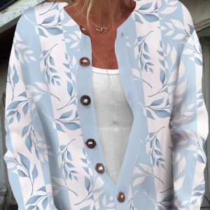 Women Leaf Long Sleeve Comfy Casual Buttoned Cardigan, Cardigans, color:Blue|size:3XL, catalog Noracora shop