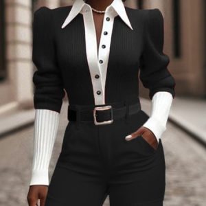 Puff Sleeve Color Block Elegant Sweater Shirt, Pullovers, color:Black|size:XXL, Stylewe