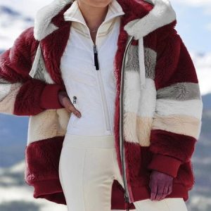 Women's Color Block Regular Loose Jacket, Outerwear, color:Wine Red|size:5XL, catalog Noracora shop