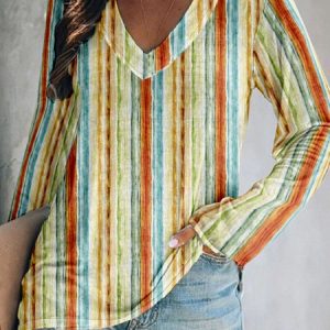 Casual Striped V Neck Long Sleeve T-shirt, T-shirts, color:Multicolor|size:4XL, catalog Noracora shop