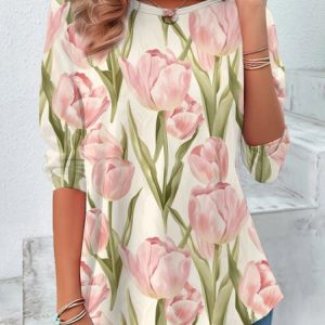 Casual Floral Print Crew Neck Long Sleeve T-shirt, Blouses, color:Pink|size:XXL, catalog Noracora shop