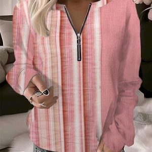 Casual Crew Neck Striped Sweatshirt, Hoodies & Sweatshirts, color:Pink|size:XXL, catalog Noracora shop