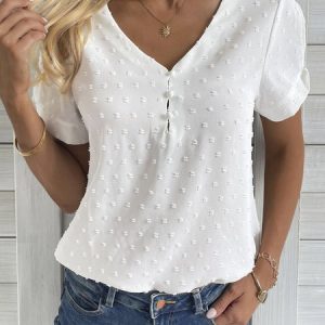 Casual Buckle Plain V Neck Shirt, Blouses, color:White|size:XXL, catalog Noracora shop