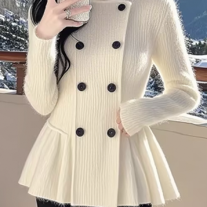 High Elasticity Turtleneck Elegant Buttoned Sweater, Pullovers, color:Off White|size:XXL, Stylewe