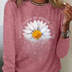 Daisy print casual women's round neck T-shirt, Long sleeves, Lilicloth.com
