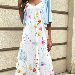 V Neck Floral Casual Two-Piece Set, Sets, color:Blue|size:XXL, catalog Noracora shop