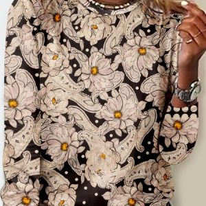 Vintage Floral Crew Neck Long Sleeve T-shirt, T-shirts, color:Black|size:4XL, catalog Noracora shop
