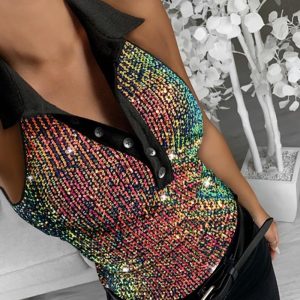 Contrast Sequin Turn-down Collar Sleeveless Tank Button Design Casual Slim Fit Top, women Tanks & Crop Tops, ChicMe catalog