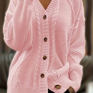 Women Yarn/Wool Yarn Plain Long Sleeve Comfy Casual Jacquard Cardigan, Cardigans, color:Pink|size:XXL, catalog Noracora shop