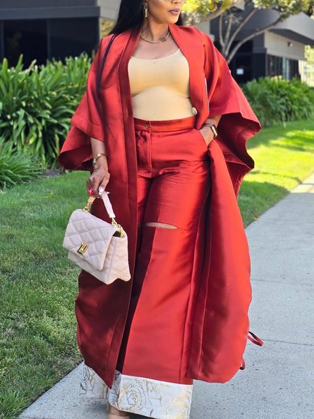 Casual Raglan Sleeve Loosen Plain V Neck Kimono, Kimonos, color:Red|size:XXL, Stylewe