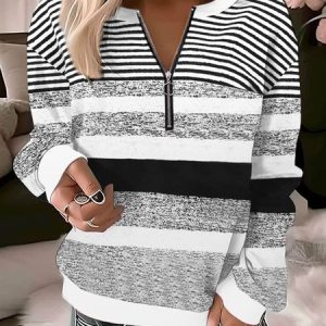 Women's Crew Neck Striped Zipper Casual Spring/Fall Long Sleeve Sweatshirt, JustFashionNow Sweatshirts & Hoodies, color:Black-grey|size:XXL,