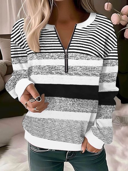 Women's Crew Neck Striped Zipper Casual Spring/Fall Long Sleeve Sweatshirt, JustFashionNow Sweatshirts & Hoodies, color:Black-grey|size:XXL,
