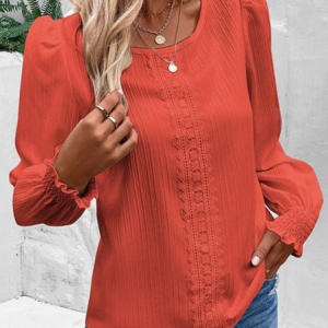 Crew Neck Long Sleeve Plain Lace Regular Loose Blouse For Women, Blouses, color:Orange|size:XXL, catalog Noracora shop