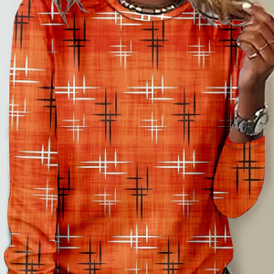 Casual Geometric Crew Neck Long Sleeve T-shirt, T-shirts, color:Orange|size:4XL, catalog Noracora shop