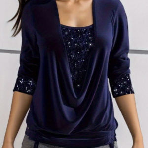 Crew Neck Long Sleeve Polka Dots Lace Regular Micro-Elasticity Loose Mock Two-Piece Blouse For Women, Blouses, color:Deep Blue|size:5XL, catalog Noracora shop