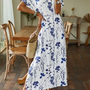 Women Floral Summer Casual V neck Natural Micro-Elasticity Daily Jersey Standard Dresses, Maxi, color:White|size:XXL, catalog Noracora shop