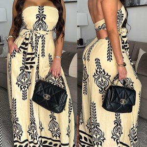 Tribal Print Bandeau Backless Tied Detail Wide Leg Jumpsuit Vacation Overall with Pocket, women Jumpsuits, ChicMe catalog