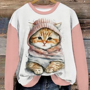 Casual Crew Neck Cat Sweatshirt, Hoodies & Sweatshirts, color:Pink|size:XXL, catalog Noracora shop