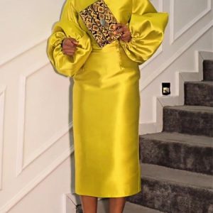 Elegant V Neck Balloon Sleeve Satin Dress, Midi Dresses, color:Yellow|size:XXL, Stylewe