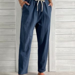 Loose Cotton Solid Casual Pants, Pants, color:Navy Blue|size:XXL, catalog Noracora shop