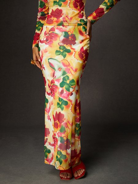 Elegant Printing Floral Maxi Skirt, Skirts, color:As Picture|size:XXL, Stylewe