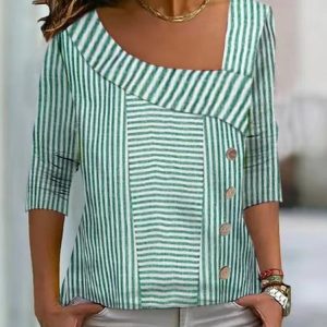 Women's Striped Long Sleeve Blouse_ Spring/Fall Daily Casual Top, JustFashionNow Shirts, color:Green|size:XXL,