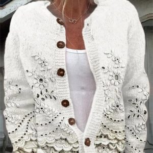 Women Knitted 3D Printing Long Sleeve Comfy Casual Cardigan, Cardigans, color:White|size:5XL, catalog Noracora shop