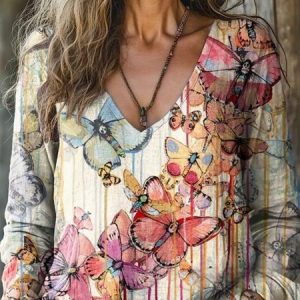 Vintage Colorful Butterfly Pattern V Neck Long Sleeve T-shirt, T-shirts, color:As Picture|size:5XL, catalog Noracora shop