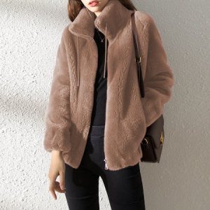 Women Fashion Coat Fleece Faux Splicing Outerwear Zipper Jackets, Outerwear, color:Light Brown|size:5XL, catalog Noracora shop