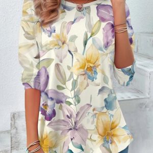 Casual Floral Print Crew Neck Long Sleeve T-shirt, Blouses, color:Purple|size:XXL, catalog Noracora shop