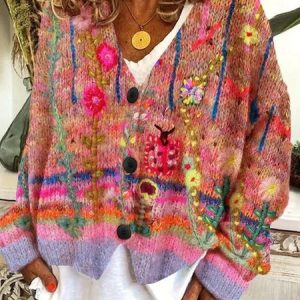 Women Yarn/Wool Yarn Floral Long Sleeve Comfy Casual Cardigan, Cardigans, color:Color4|size:3XL, catalog Noracora shop