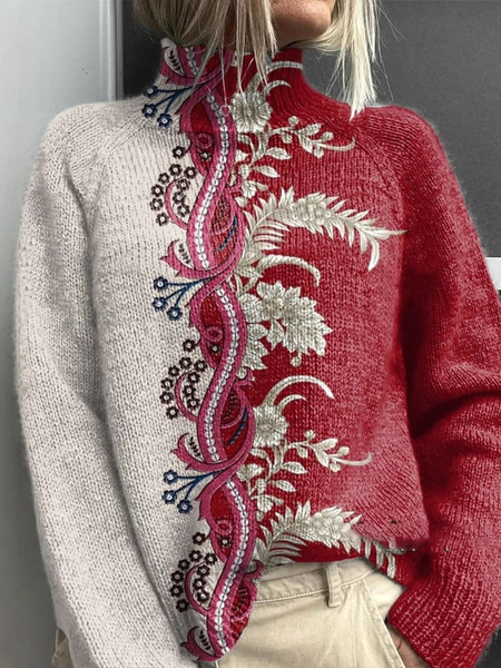 Women's Turtleneck Floral Casual Spring/Fall Long Sleeve Sweatshirt, JustFashionNow Sweatshirts & Hoodies, color:Red|size:3XL,