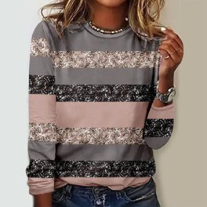 Casual Geometric Crew Neck Long Sleeve T-shirt, T-shirts, color:Pink|size:4XL, catalog Noracora shop