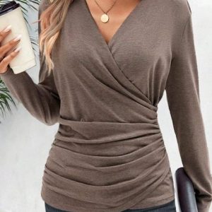V Neck Long Sleeve Plain Regular Micro-Elasticity Loose Blouse For Women, Blouses, color:Camel|size:XXL, catalog Noracora shop