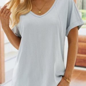 Women Summer V neck Loose T Shirt Top, T-shirts, color:Gray|size:5XL, catalog Noracora shop
