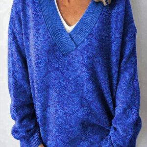 Women Floral Long Sleeve Comfy Vintage Sweater, Sweaters, color:Deep Blue|size:XS, catalog Noracora shop