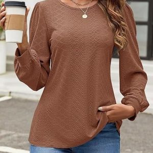 Crew Neck Long Sleeve Plain Regular Micro-Elasticity Loose Blouse For Women, Blouses, color:Brown|size:5XL, catalog Noracora shop
