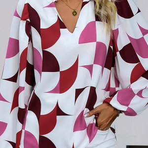 V Neck Long Sleeve Geometric Regular Micro-Elasticity Loose Blouse For Women, Blouses, color:Wine Red|size:XL, catalog Noracora shop