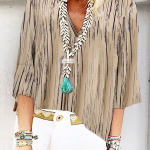 V Neck Three Quarter Sleeve Abstract Stripes Regular Loose Blouse For Women, Blouses, color:Khaki|size:XXL, catalog Noracora shop