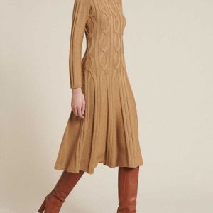 Elegant Plain Turtleneck Sweater Midi Dress, Midi Dresses, color:Khaki|size:XXL, Stylewe