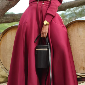 Medium Elasticity Loose Casual Pocket Stitching Plain Maxi Skirt, Skirts, color:Red|size:XXL, Stylewe