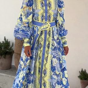 Urban Floral Balloon Sleeve Printing Stand Collar Maxi Dress With Belt, Maxi Dresses, color:As Picture|size:XXL, Stylewe