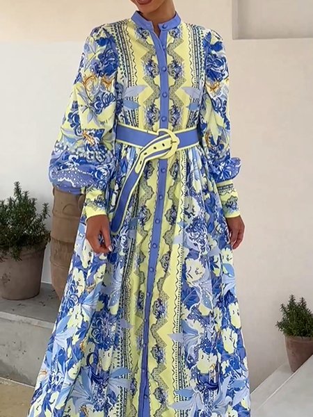 Urban Floral Balloon Sleeve Printing Stand Collar Maxi Dress With Belt, Maxi Dresses, color:As Picture|size:XXL, Stylewe